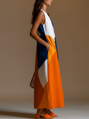 Women's Casual Vacation-Style Loose-Fit, Sleeveless, V-Neck, Multi-Color Patchwork Cotton-Linen Maxi Dress ZMZ1560E8ZYY