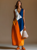 Women's Casual Vacation-Style Loose-Fit, Sleeveless, V-Neck, Multi-Color Patchwork Cotton-Linen Maxi Dress ZMZ1560E8ZYY