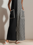Women's Casual Retro Cotton-Linen Black, Houndstooth-Paneled, Crew Neck, Sleeveless, Loose Fit Jumpsuit ZMZ1571E4ZYY