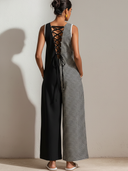 Women's Casual Retro Cotton-Linen Black, Houndstooth-Paneled, Crew Neck, Sleeveless, Loose Fit Jumpsuit ZMZ1571E4ZYY