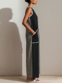 Women's Casual Retro Cotton-Linen Black, Houndstooth-Paneled, Crew Neck, Sleeveless, Loose Fit Jumpsuit ZMZ1571E4ZYY