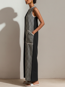 Women's Casual Retro Cotton-Linen Black, Houndstooth-Paneled, Crew Neck, Sleeveless, Loose Fit Jumpsuit ZMZ1571E4ZYY