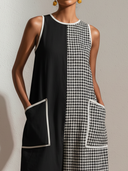 Women's Casual Retro Cotton-Linen Black, Houndstooth-Paneled, Crew Neck, Sleeveless, Loose Fit Jumpsuit ZMZ1571E4ZYY