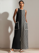 Women's Casual Retro Cotton-Linen Black, Houndstooth-Paneled, Crew Neck, Sleeveless, Loose Fit Jumpsuit ZMZ1571E4ZYY