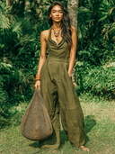 Women's Retro Casual Solid Color Cotton Linen Sleeveless Jumpsuit ZMZ1575E8ZJY