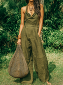 Women's Retro Casual Solid Color Cotton Linen Sleeveless Jumpsuit ZMZ1575E8ZJY