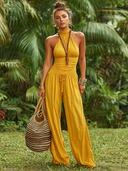 Women's Retro Casual Solid Color Cotton Halter Neck Sleeveless Top And Pants Set ZMZ1550E5ZJY