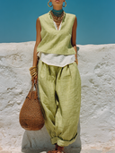 Women's Casual Vacation Style Linen-Cotton Sleeveless Top & Wide-Leg Pants Set ZMZ1554E3YZH