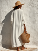 Women's Casual Solid-Color Cotton-Linen V-Neck Long-Sleeve Maxi Dress ZMZ1536E3XT