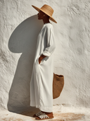 Women's Casual Solid-Color Cotton-Linen V-Neck Long-Sleeve Maxi Dress ZMZ1536E3XT