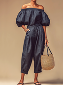 Women's Retro Casual Off-Shoulder Denim Top And Pants Set ZMZ1933E5ZJY