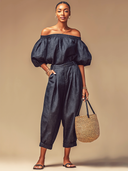 Women's Retro Casual Off-Shoulder Denim Top And Pants Set ZMZ1933E5ZJY