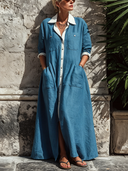 Women's Vintage Blue Cotton-Linen Long-Sleeve Loose Maxi Dress ZMZ1904E6SWL