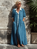 Women's Vintage Blue Cotton-Linen Long-Sleeve Loose Maxi Dress ZMZ1904E6SWL