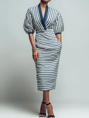 Women's Retro Casual Striped Patchwork V-Neck Short Sleeve Midi Dress ZMZ1906E5ZJY