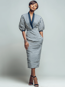 Women's Retro Casual Striped Patchwork V-Neck Short Sleeve Midi Dress ZMZ1906E5ZJY