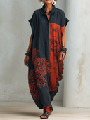 Women's Vintage Casual Cotton-Linen Printed Henley-Neck Short-Sleeve Maxi Dress ZMZ1923E2ZYY