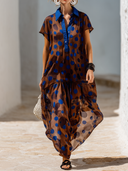 Women's Vintage-Style Elegant Chiffon Polka Dot Print Dress — Collared, Short-Sleeve, Loose-Fit Maxi Dress ZMZ1955E2ZYY