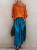 Women's Casual Chic Off-Shoulder Knit Top And Elastic-Waist Satin Skirt Set ZMZ1958E3ZYY