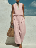 Women's Casual Vacation Style Linen-Cotton Blend Sleeveless Two-Piece Set ZMZ1860E8YZH