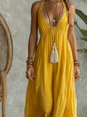Women's Vacation-Style Solid-Color Halter Maxi Dress With Lace Paneling  ZMZ1909E9XT