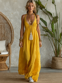 Women's Vacation-Style Solid-Color Halter Maxi Dress With Lace Paneling  ZMZ1909E9XT
