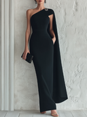 Women's Solid-Color One-Shoulder Maxi Dress With Streamer Detail ZMZ1918E7XT