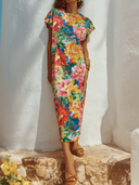 Women's Crew Neck Floral Print Short-Sleeve Midi Dress ZMZ1901E0XT