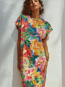 Women's Crew Neck Floral Print Short-Sleeve Midi Dress ZMZ1901E0XT