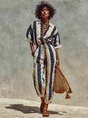 Women's Striped Print Collared Short-Sleeve Shirt And Trousers Two-Piece Set ZMZ1990E6XT