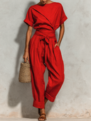 Women's Cotton Linen Solid Color Round Neck Top And Trousers Two-piece Set ZMZ1970E8XT