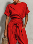 Women's Cotton Linen Solid Color Round Neck Top And Trousers Two-piece Set ZMZ1970E8XT