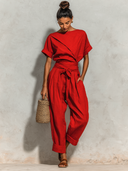 Women's Cotton Linen Solid Color Round Neck Top And Trousers Two-piece Set ZMZ1970E8XT