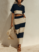 Women's Casual Striped Knit Crew Neck Top And Skirt Two-Piece Set ZMZ1974E3XT