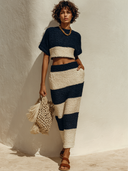 Women's Casual Striped Knit Crew Neck Top And Skirt Two-Piece Set ZMZ1974E3XT