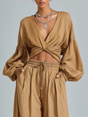 Women's Cotton-Linen V-Neck Long-Sleeve Top And Trousers Two-Piece Set ZMZ1998E6XT
