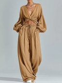 Women's Cotton-Linen V-Neck Long-Sleeve Top And Trousers Two-Piece Set ZMZ1998E6XT