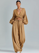 Women's Cotton-Linen V-Neck Long-Sleeve Top And Trousers Two-Piece Set ZMZ1998E6XT