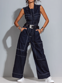 Women's Solid-Color Sleeveless Denim Jumpsuit (Belt Not Included) ZMZ1951E5XT