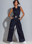 Women's Solid-Color Sleeveless Denim Jumpsuit (Belt Not Included) ZMZ1951E5XT