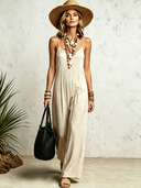 Women's Casual Solid-Color Cotton-Linen Strappy Jumpsuit ZMZ1929E6XT