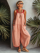 Women's Casual Pink Cotton-Linen Sleeveless Spaghetti-Strap Loose Jumpsuit ZMZ1968E9SWL