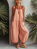 Women's Casual Pink Cotton-Linen Sleeveless Spaghetti-Strap Loose Jumpsuit ZMZ1968E9SWL
