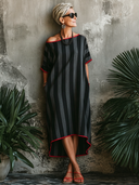 Women's Classic Black & Grey Striped Loose Midi Skirt With Red Piping ZMZ1978E0SWL
