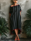 Women's Classic Black & Grey Striped Loose Midi Skirt With Red Piping ZMZ1978E0SWL