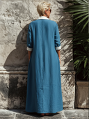 Women's Vintage Blue Cotton-Linen Long-Sleeve Loose Maxi Dress ZMZ1904E6SWL