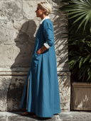 Women's Vintage Blue Cotton-Linen Long-Sleeve Loose Maxi Dress ZMZ1904E6SWL