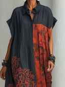 Women's Vintage Casual Cotton-Linen Printed Henley-Neck Short-Sleeve Maxi Dress ZMZ1923E2ZYY
