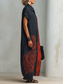 Women's Vintage Casual Cotton-Linen Printed Henley-Neck Short-Sleeve Maxi Dress ZMZ1923E2ZYY