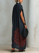 Women's Vintage Casual Cotton-Linen Printed Henley-Neck Short-Sleeve Maxi Dress ZMZ1923E2ZYY